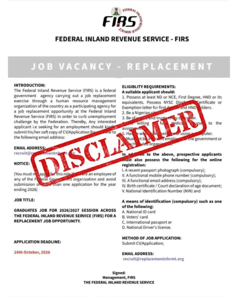 NRS Disowns Fake FIRS Recruitment Notice, Warns Nigerians Against Fraudsters Fake NRS Vacancy